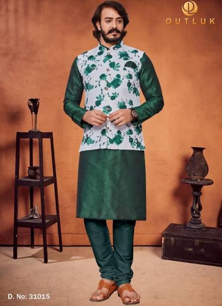 Green Colour Exclusive Festive Wear Digital Art Silk Printed Kurta Pajama With Jacket Mens Collection 31015